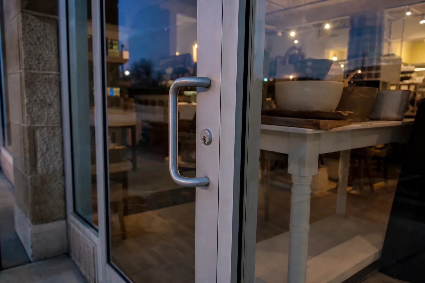 Glass entrance door of a local business