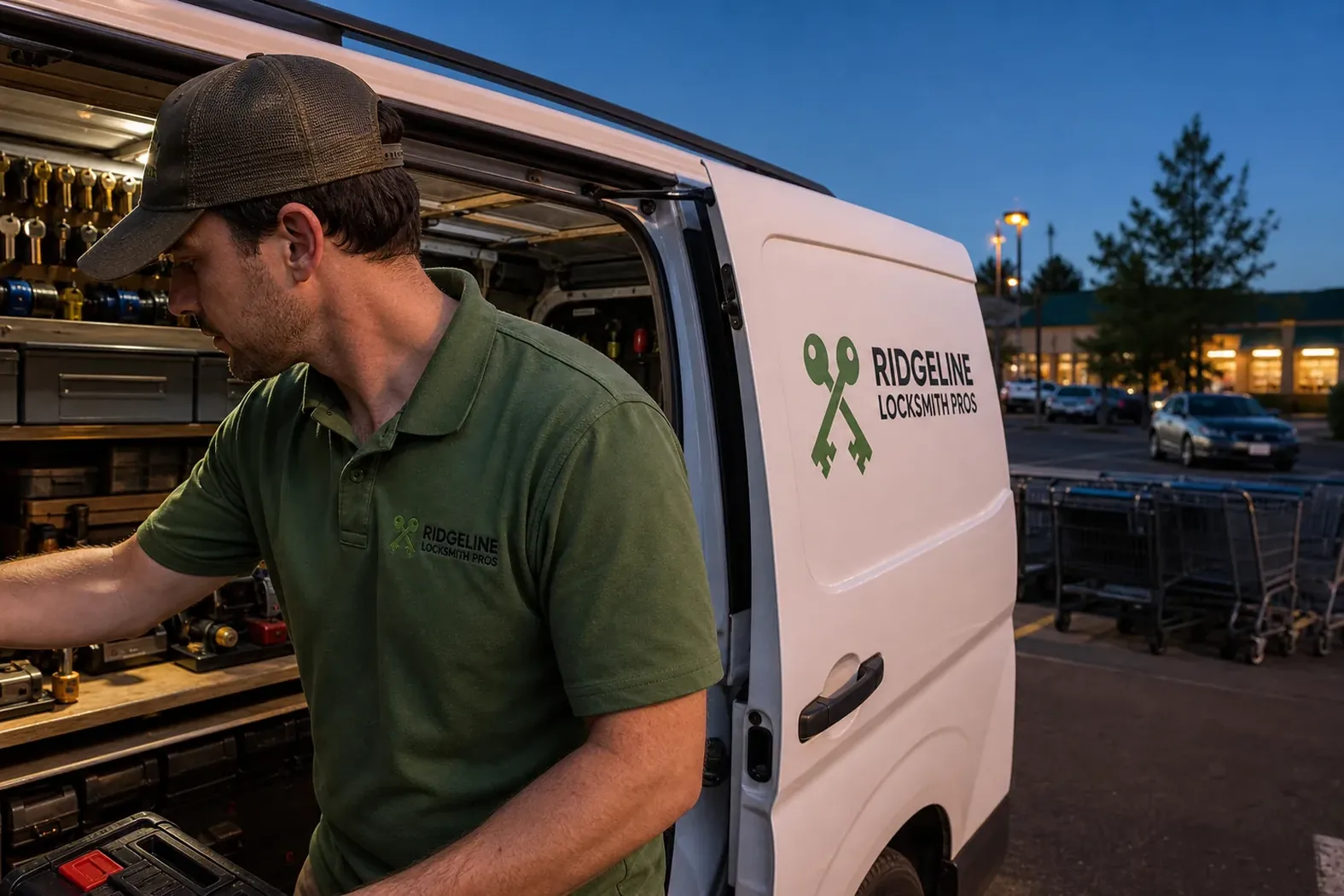 The Ridgeline Locksmith Pros service van, stocked for lockouts and key cutting in Quincy